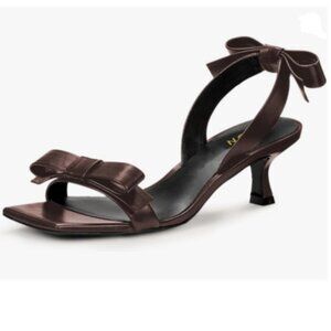 YDN Saddle Brown Bow Sandals Open Square Toe Kitten Heels Slip On Wedding Shoes
